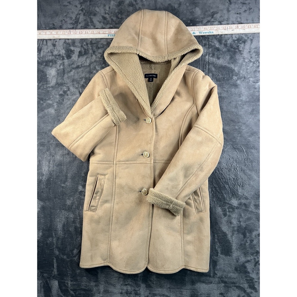 Lands End Tan Camel Faux Suede Hooded Winter Coat Jacket Plush Lined Womens Sz M